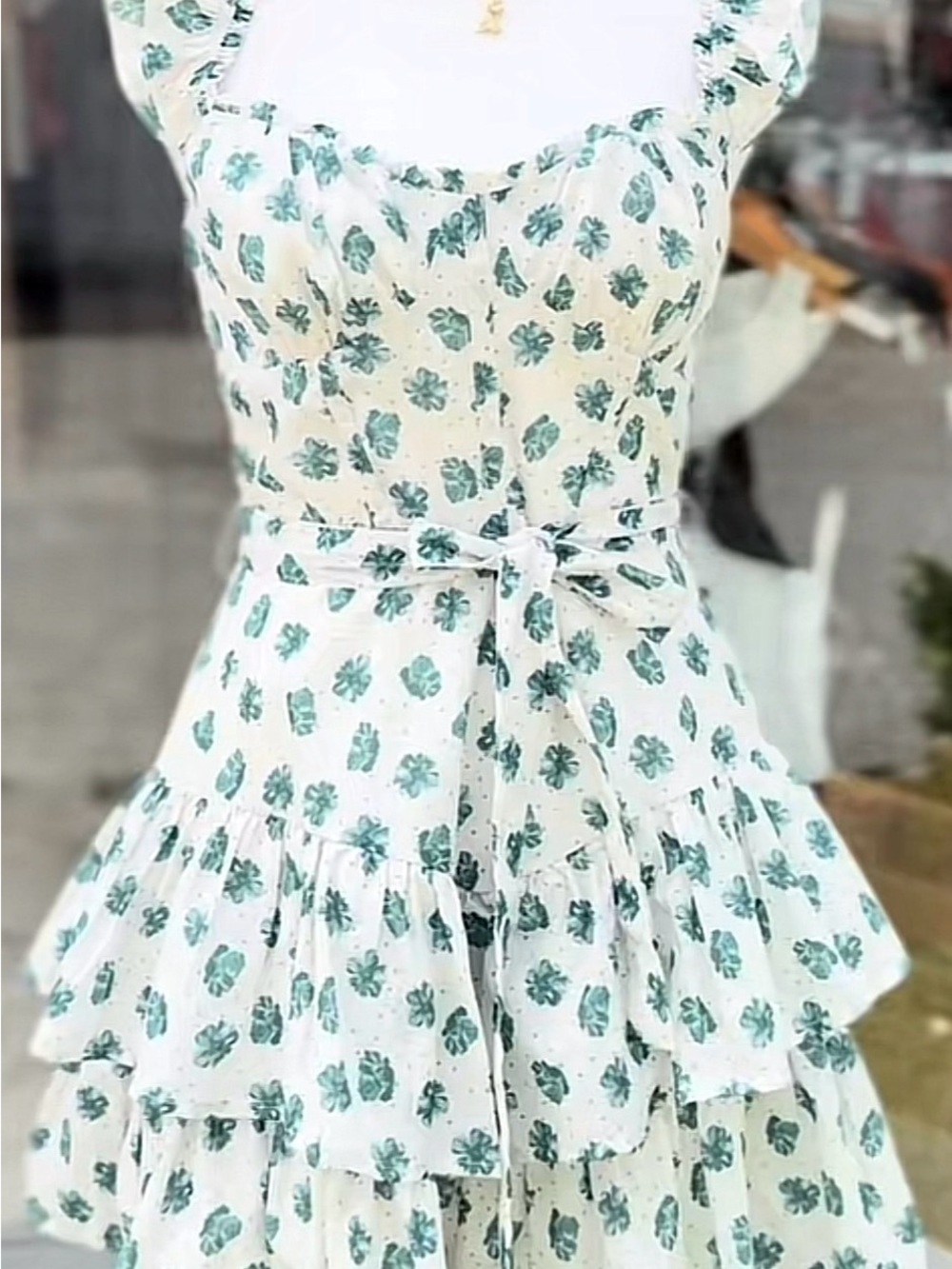 Cristal Doll Floral Tiered Ruffle Sundress in Green and White size M